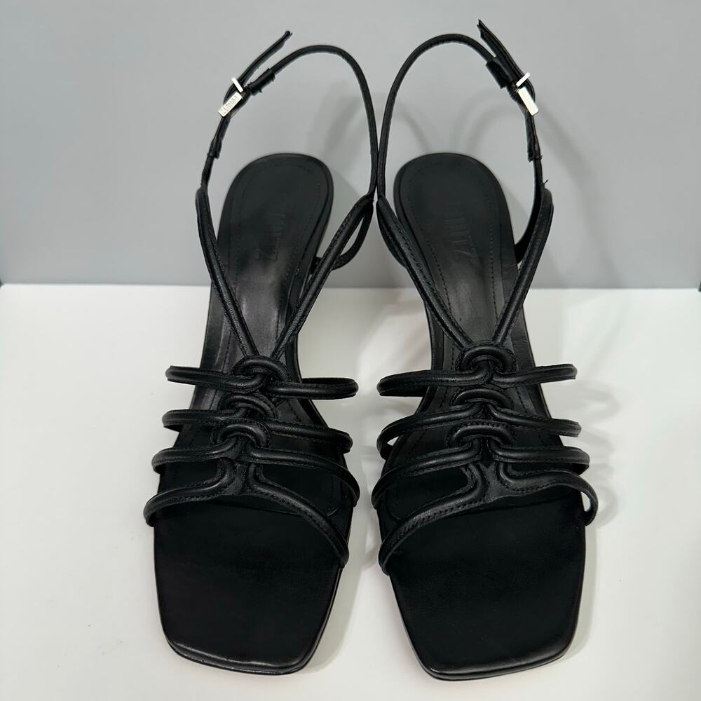 Schutz Size 8.5 Octavia Mid Height Strappy Leather Square Toe Sandals - Black
